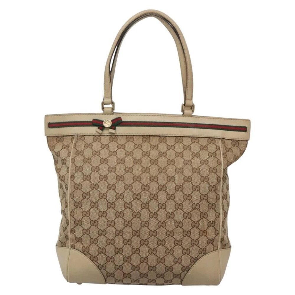 GUCCI GG Canvas Web Sherry Line Tote Bag Beige Gold 257062 Auth 140783 - Picture 2 of 16